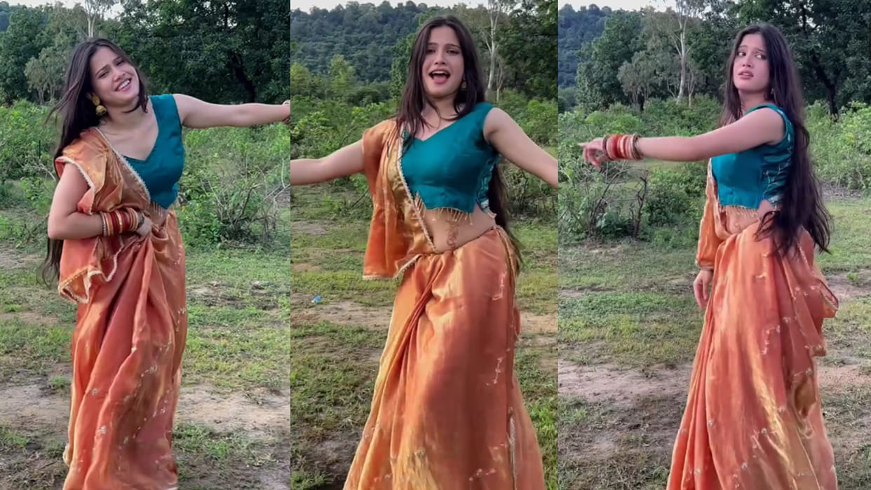Girl dances in saree pawan singh rangbaaz raja song in village fields video viral news in hindi