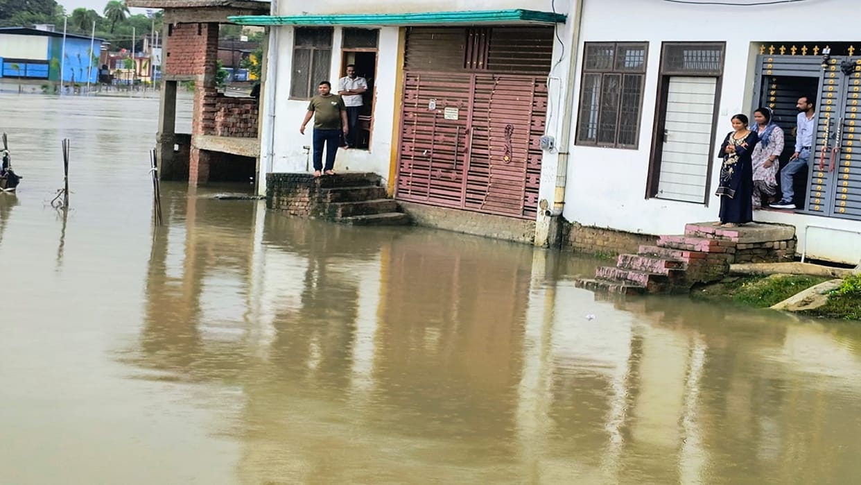 Water level of the Khannaut River rises due to rain water reaches the streets in Shahjahanpur