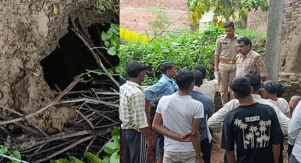 Kanpur Ground caves in at Sikathiya creating a 40 foot deep pit woman saves children