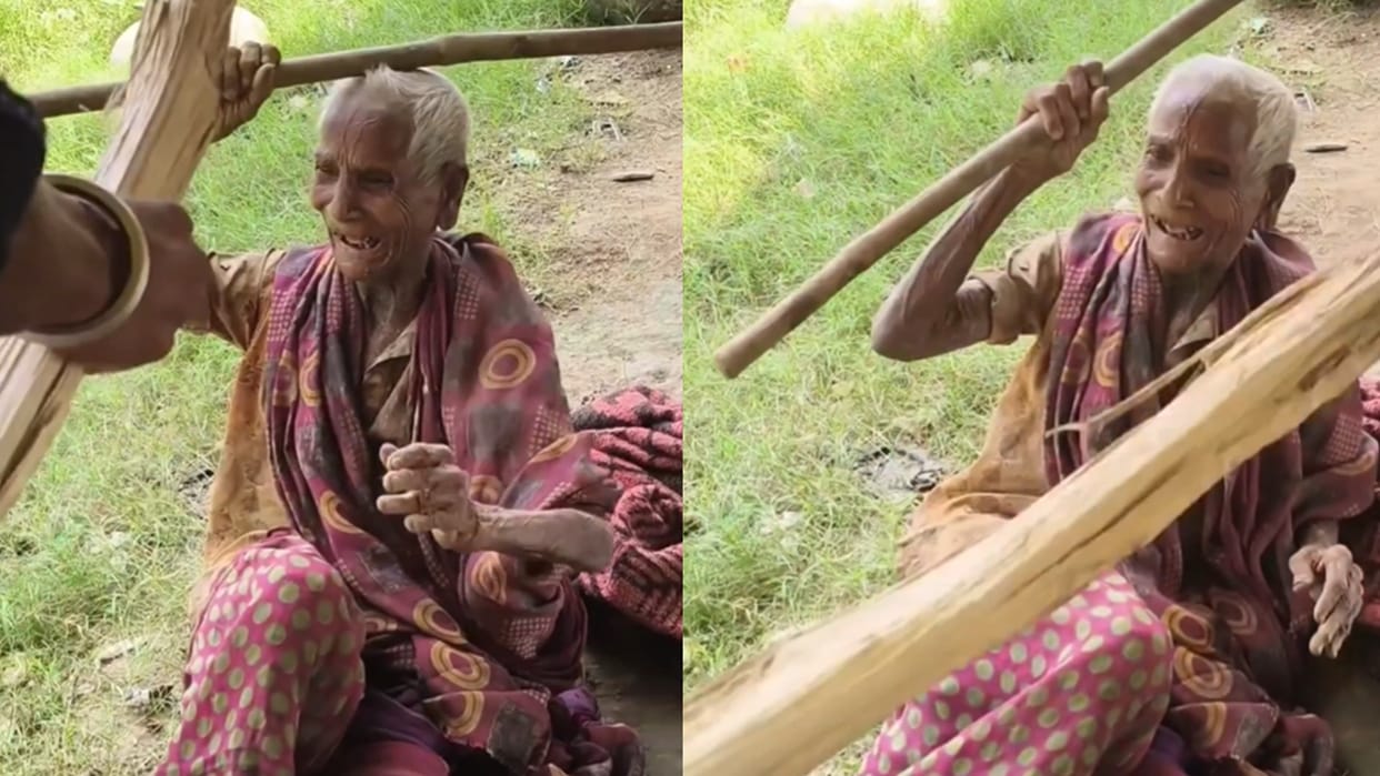 viral man hits old woman for eating dog food viral video