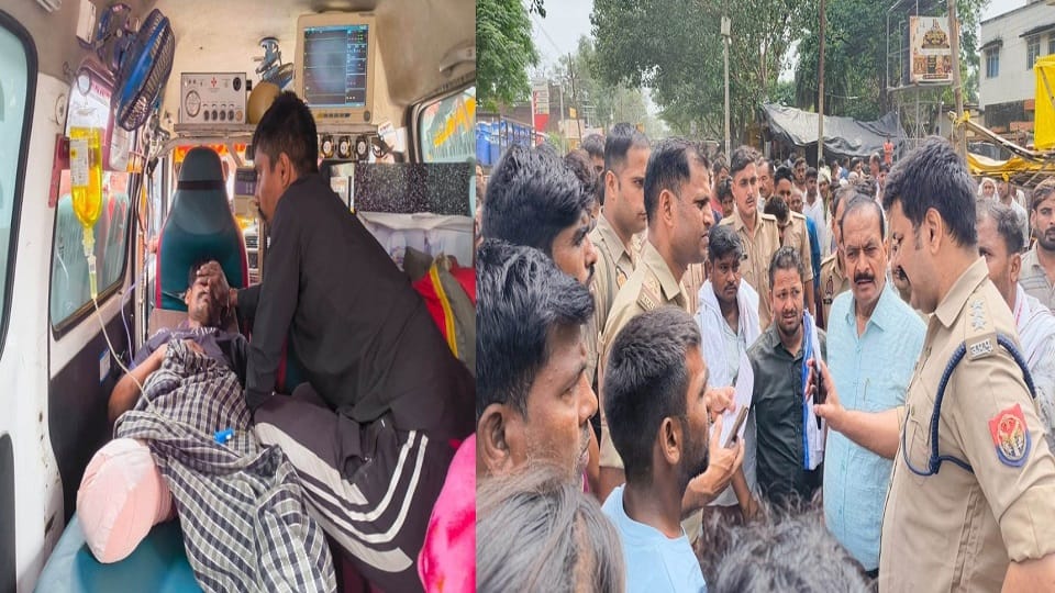 एंबुलेंस में घायल युवक, मौके पर पहुंचकर समझाते सीओ