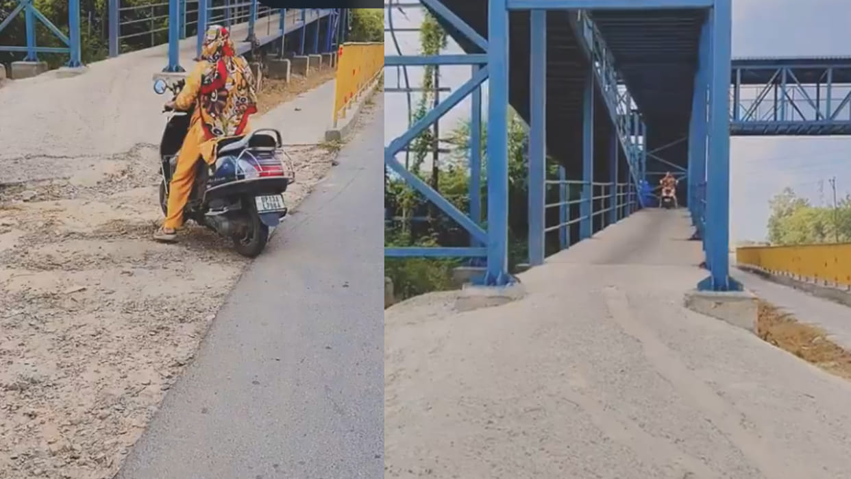 Woman rides scooty on foot overbridge video viral news in hindi