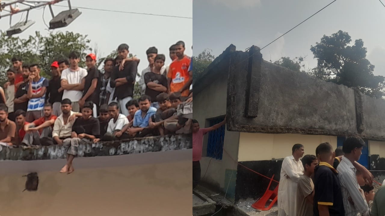 कबड्डी मैच के दौरान भवन की छत पर बैठे दर्शक और टूटा छज्जा।
