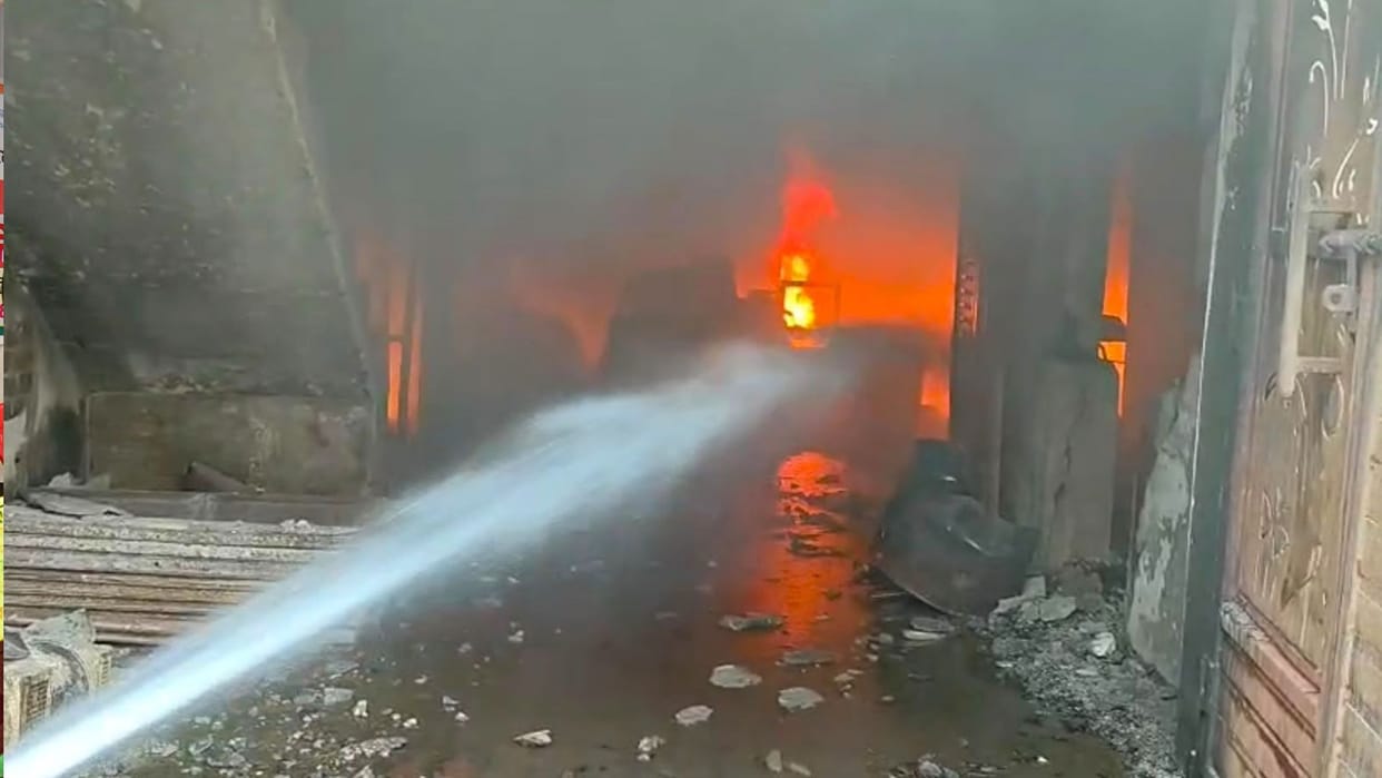 Fire breaks out at a turpentine oil warehouse in the Tiwaripur police station area of Gorakhpur.