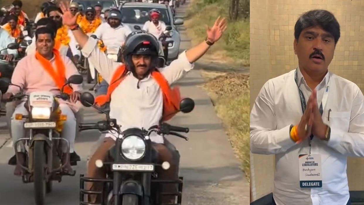 BJP MLA rides Bullet motorcycle hands-free; Congress raises questions.