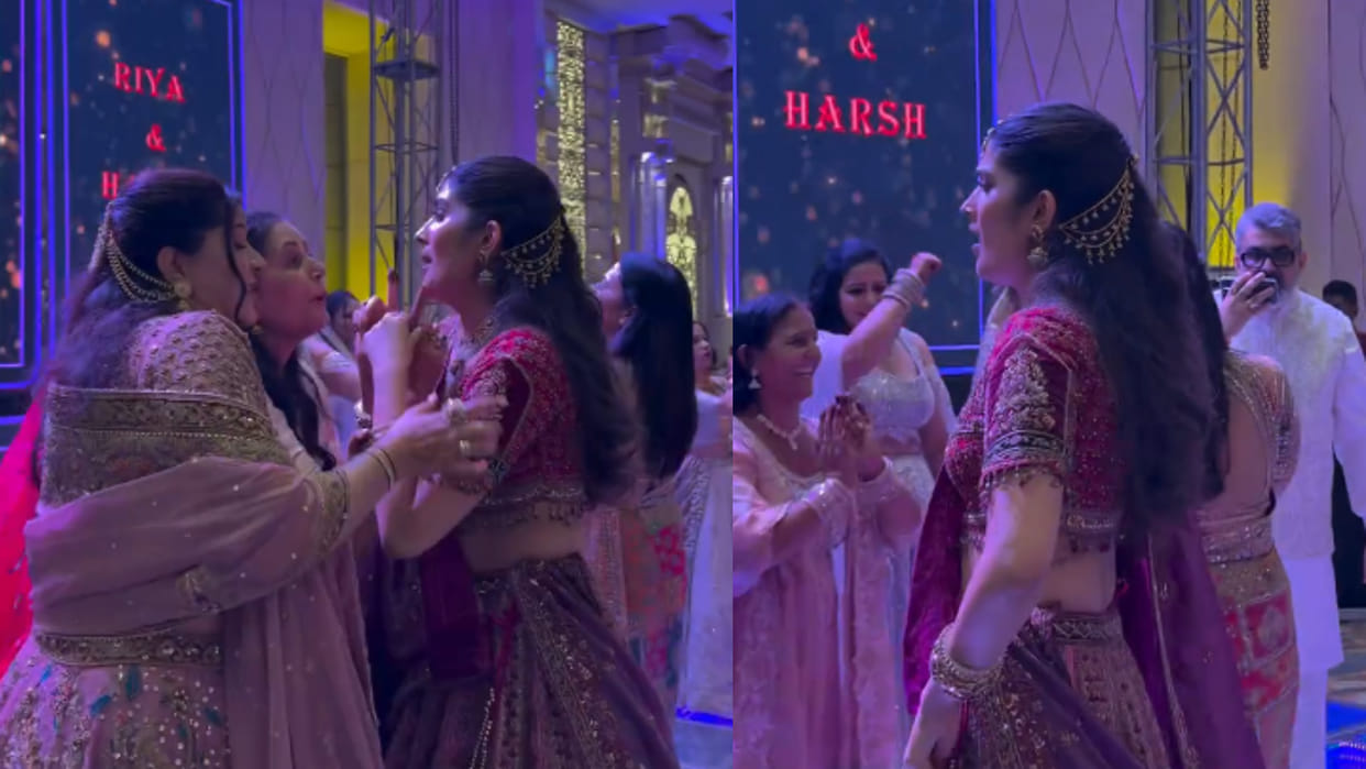 Haryanvi song woman energetically dance at wedding hall dj floor viral video