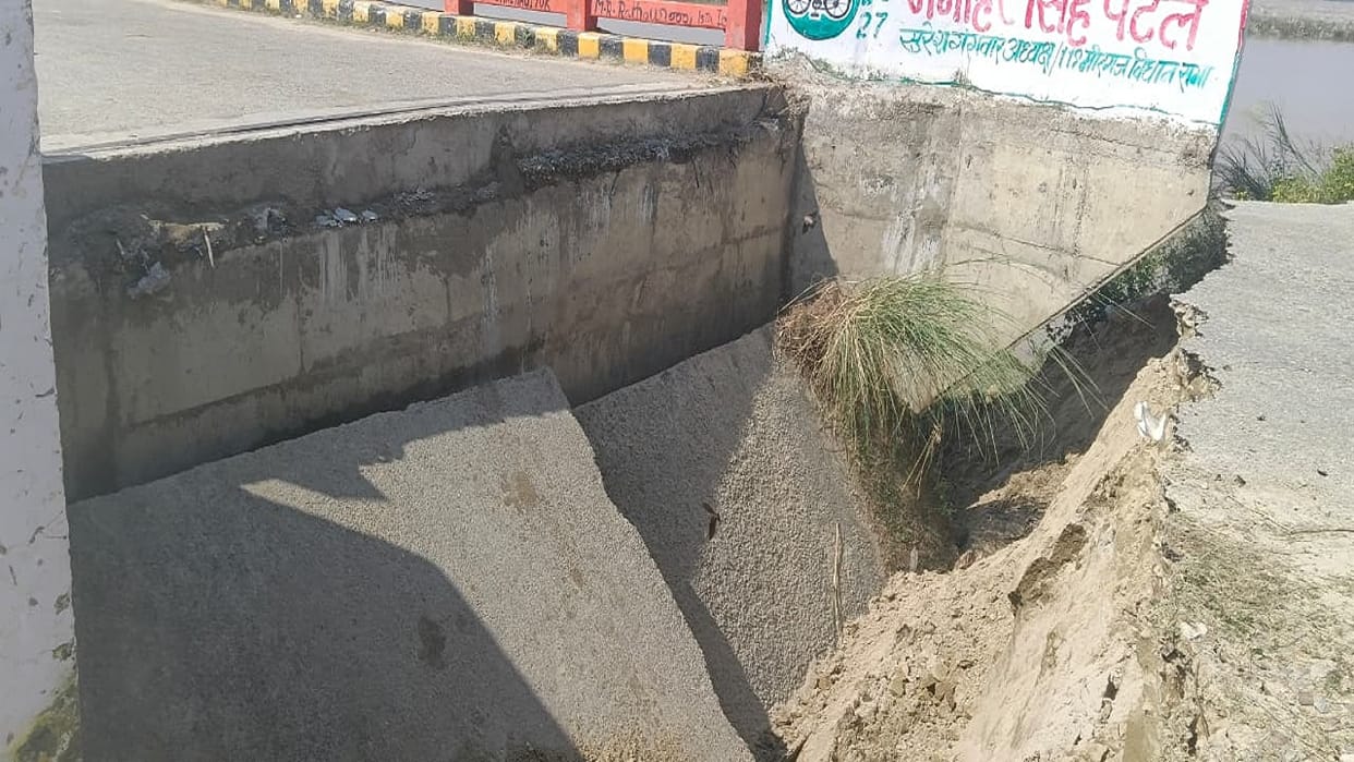 road near the bridge has collapsed into the Ramganga River in Bareilly