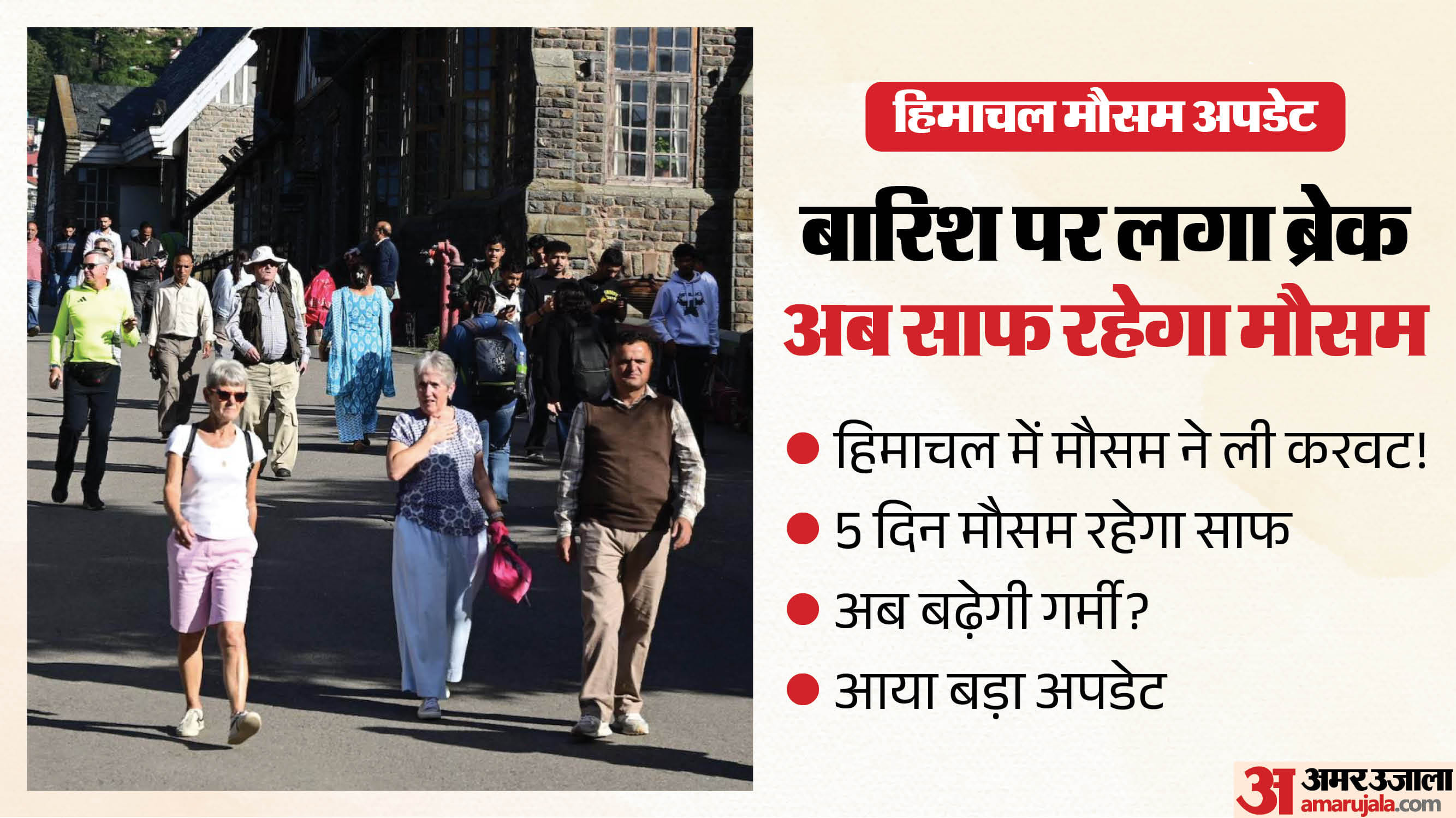 शिमला में धूप के दौरान रिज मैदान पर टहलते पर्यटक।