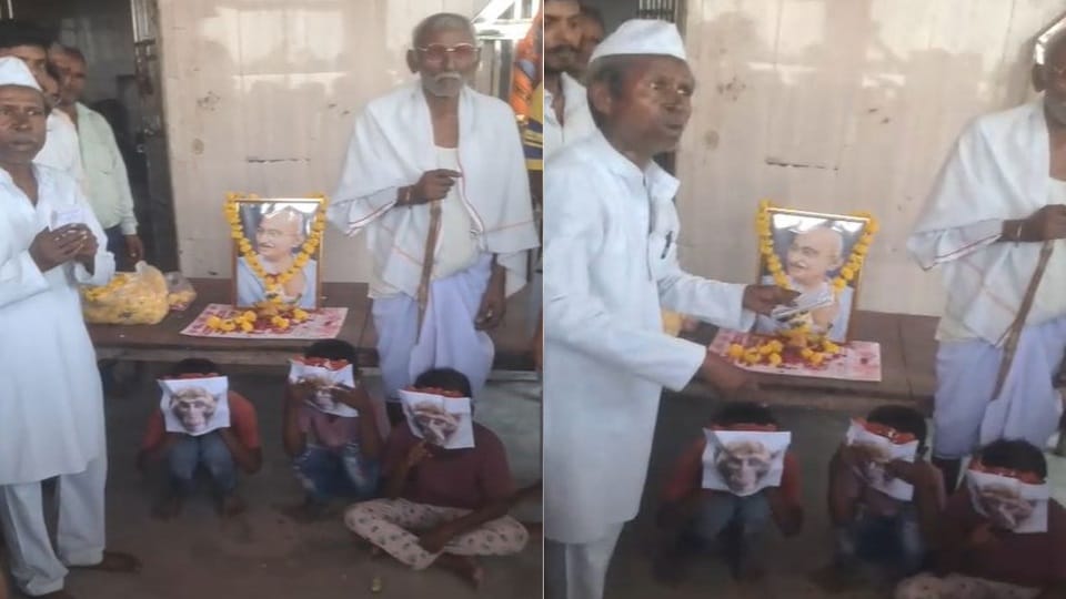 Villagers staged protest regarding public grievances dressed as Gandhiji three monkeys