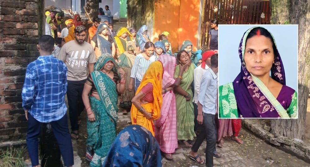 मृतका की फाइल फोटो और रोते बिलखते परिजन