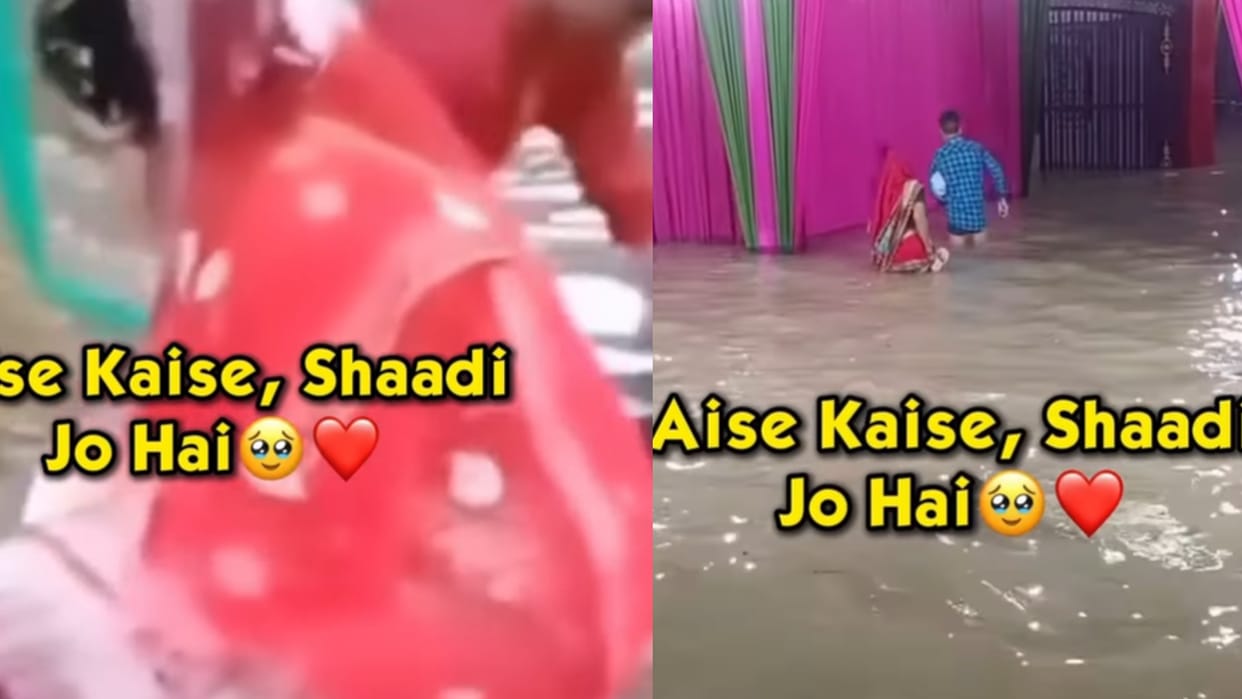 bride arrives at wedding venue by boat amid flooding viral video