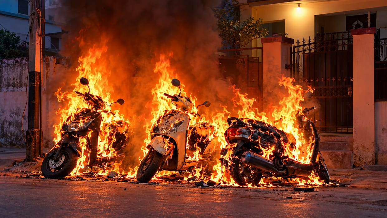 Husband enraged after wife fails to return from her parents' home; sets three scooters on fire outside in-law