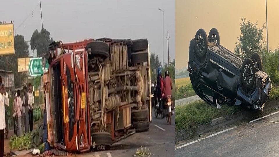 सिकंदराराऊ हादसा: केले से भरे कैंटर से टकराई कार, चार लोग घायल, मौके पर लगी भीड़