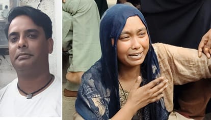 मृतक की फाइल फोटो और रोती बिलखती पत्नी