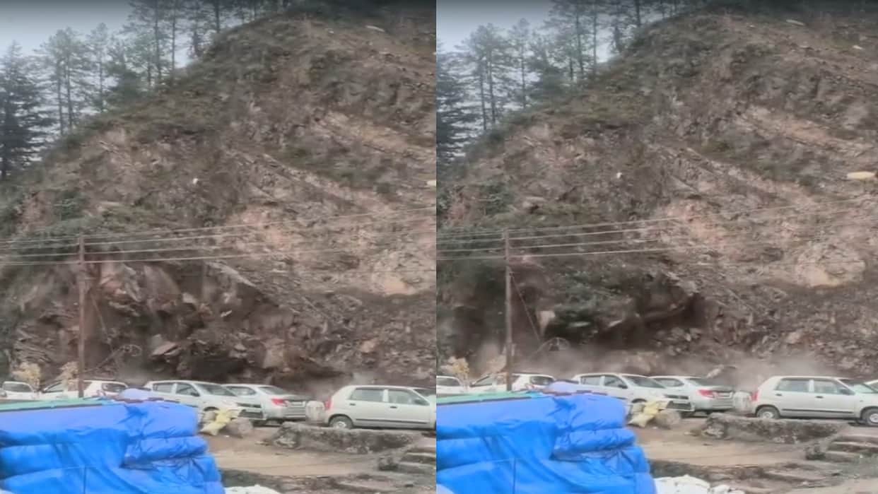 shimla massive landslide: Hillside collapses on sanjauli Dhalli Bypass; vehicles narrowly escape.