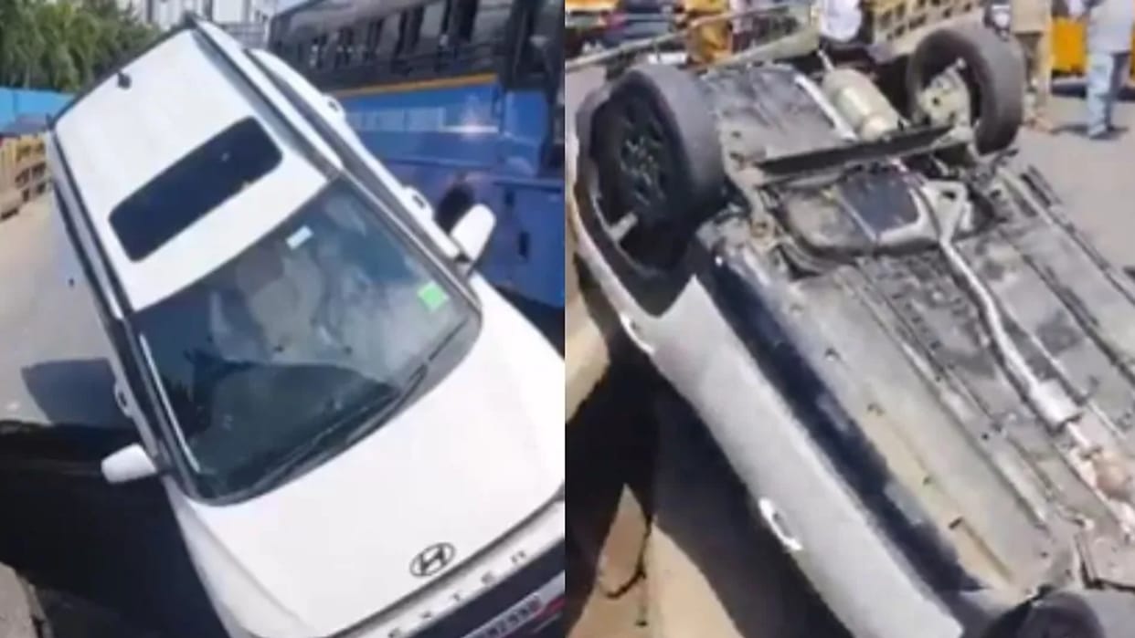 Chennai Viral Video Moving Car Falls into Huge Sinkhole as Road Suddenly Collapses