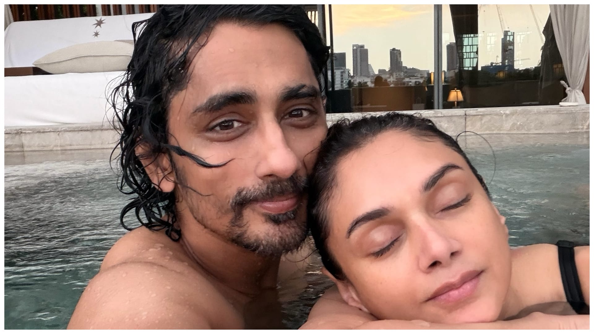 Aditi Rao Hydari in bangkok pose in pool with husband siddharth see photos