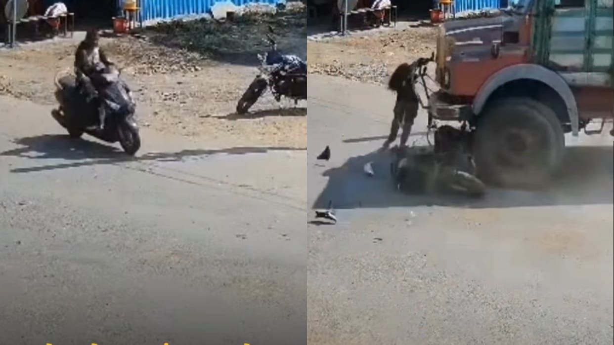 Maharashtra Road Accident Woman Grabs Moving Truck Bumper to Save Her Life