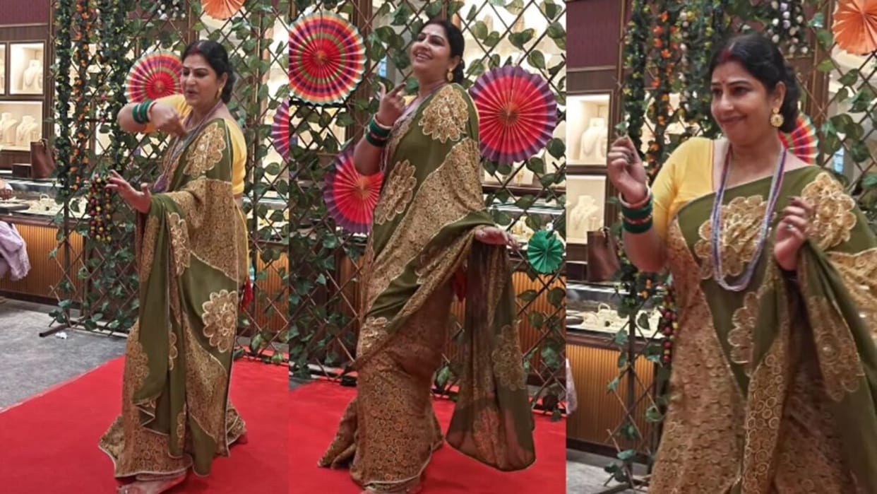 aunty dances on bhojpuri song in green saree amazing moves expressions steal show social media trending reel