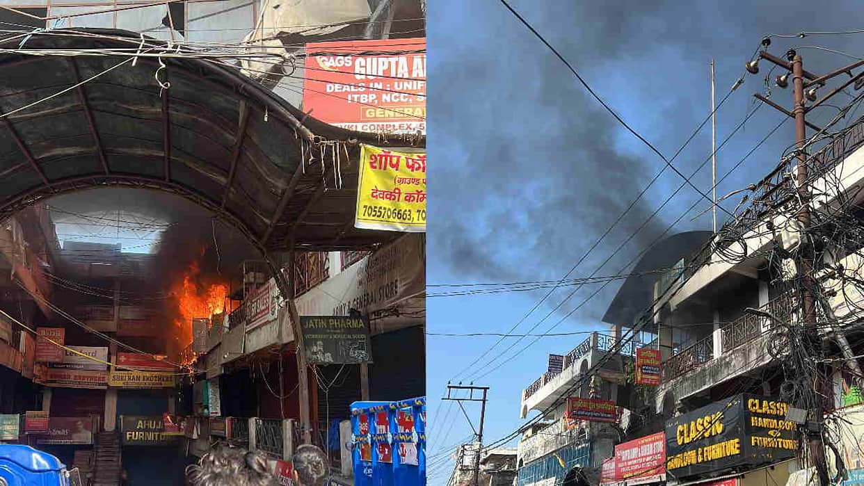 Dehradun Fire blaze breaks out at furniture shop in devki complex fire brigade teams rush to moti bazaar