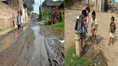 केशोपुर जोफरी में कीचड़ भरे रास्ते, कीचड़ में सने पैर धोते बच्चे