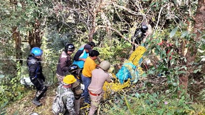 थराली के कुराड़ गांव में तारों में फंसे भालू का रेसक्यू करती वन विभाग की टीम।