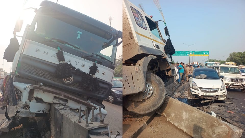 dumper truck collided with scooter and car on highway in Agra