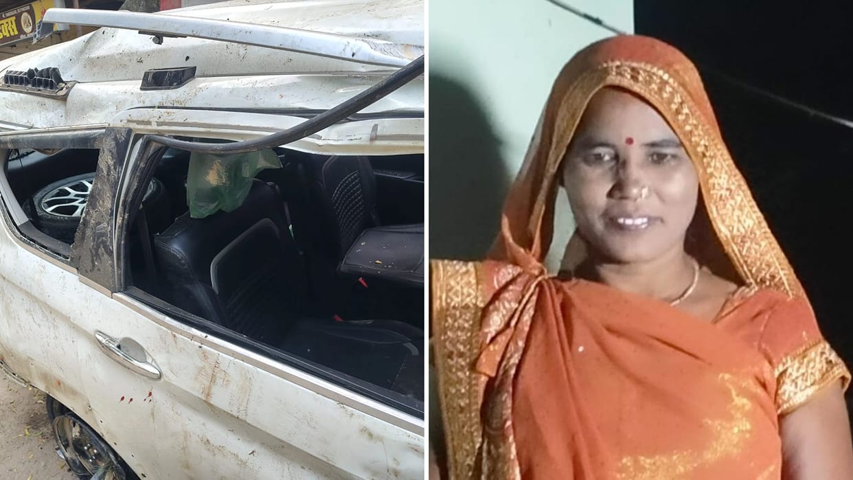 Varanasi Woman dies road accident pick up husband returning from Dubai husband and daughter narrow escape