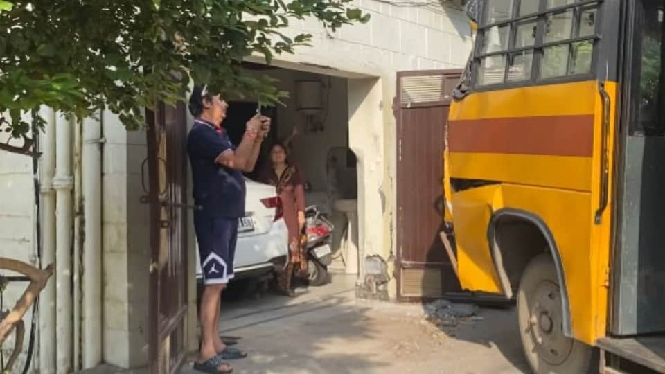 Out of control school bus crashes into house in Jalandhar breaks through main gate