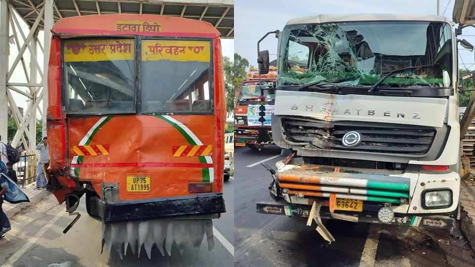 tanker rammed into back of state transport bus on highway leaving four passengers injured