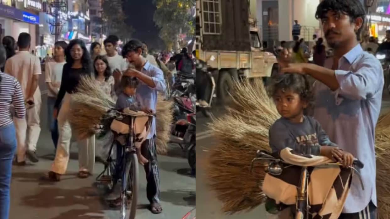 Video Showing Father Love Where Man Selling Brooms On A Bicycle Was Styling Daughter Hair