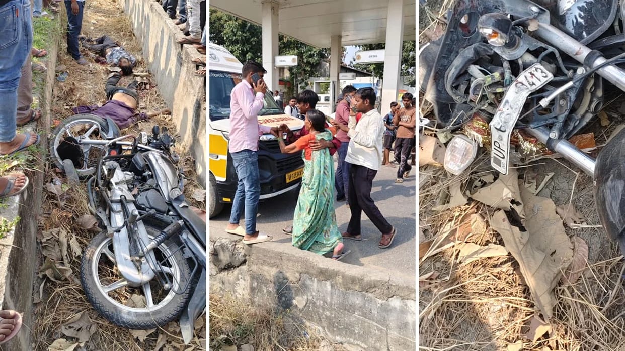 Three people motorcycle returning home from Maharajganj died tragic accident service lane near bhadohi