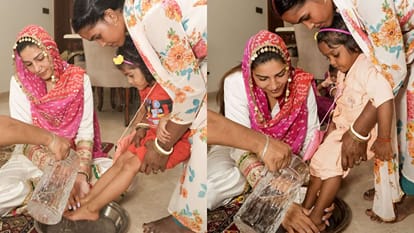 Famous Haryanvi Singer dancer Sapna Choudhary shares photos of kanya pujan On shardiya navratri ashtami Pooja