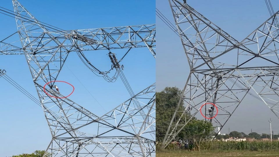 Young man climbed a high voltage tower
