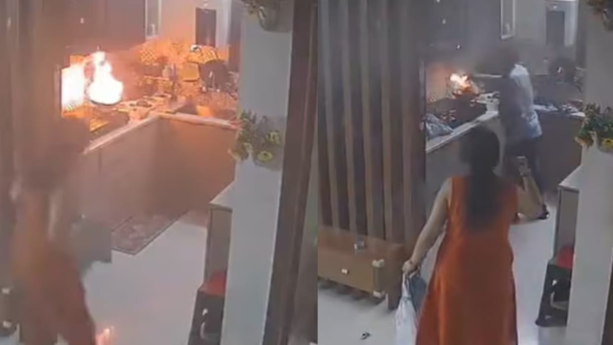 delivery agent saves woman kitchen fire cctv video viral