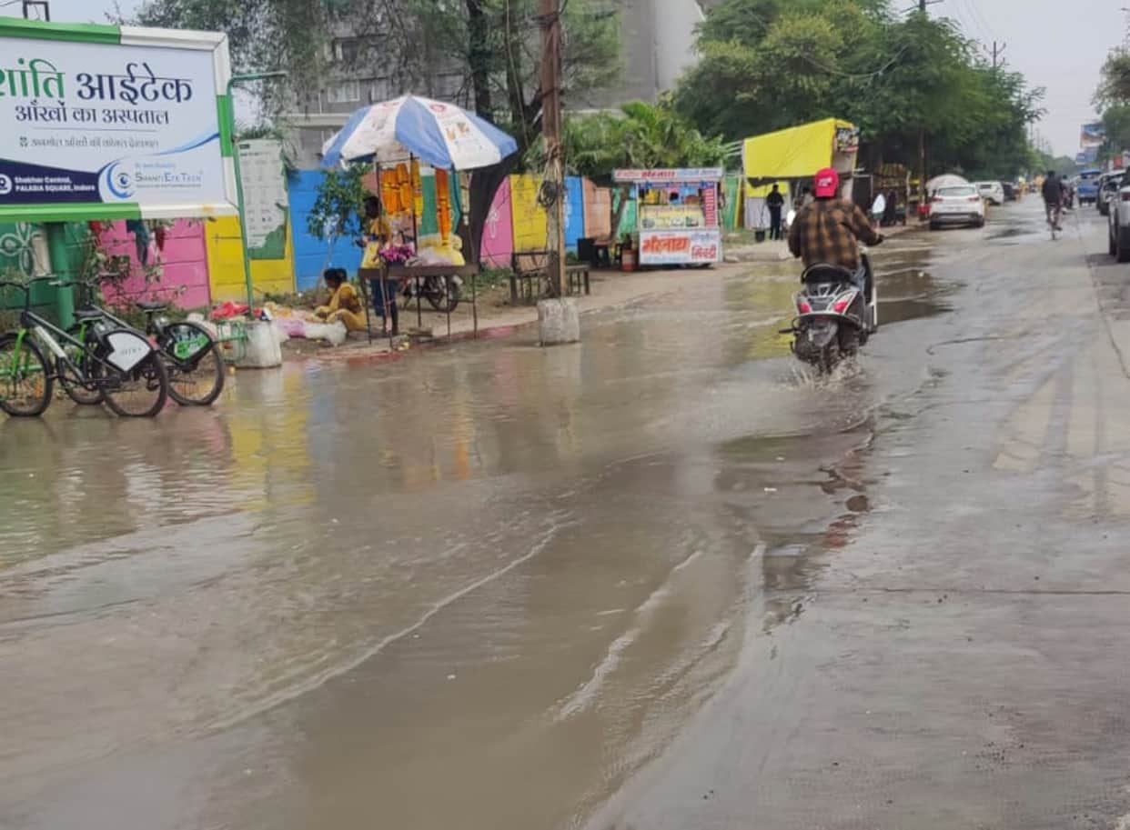 Indore: Narmada water flows onto the road in Indore’s Scheme 140 after a pipeline supplying water to storage t