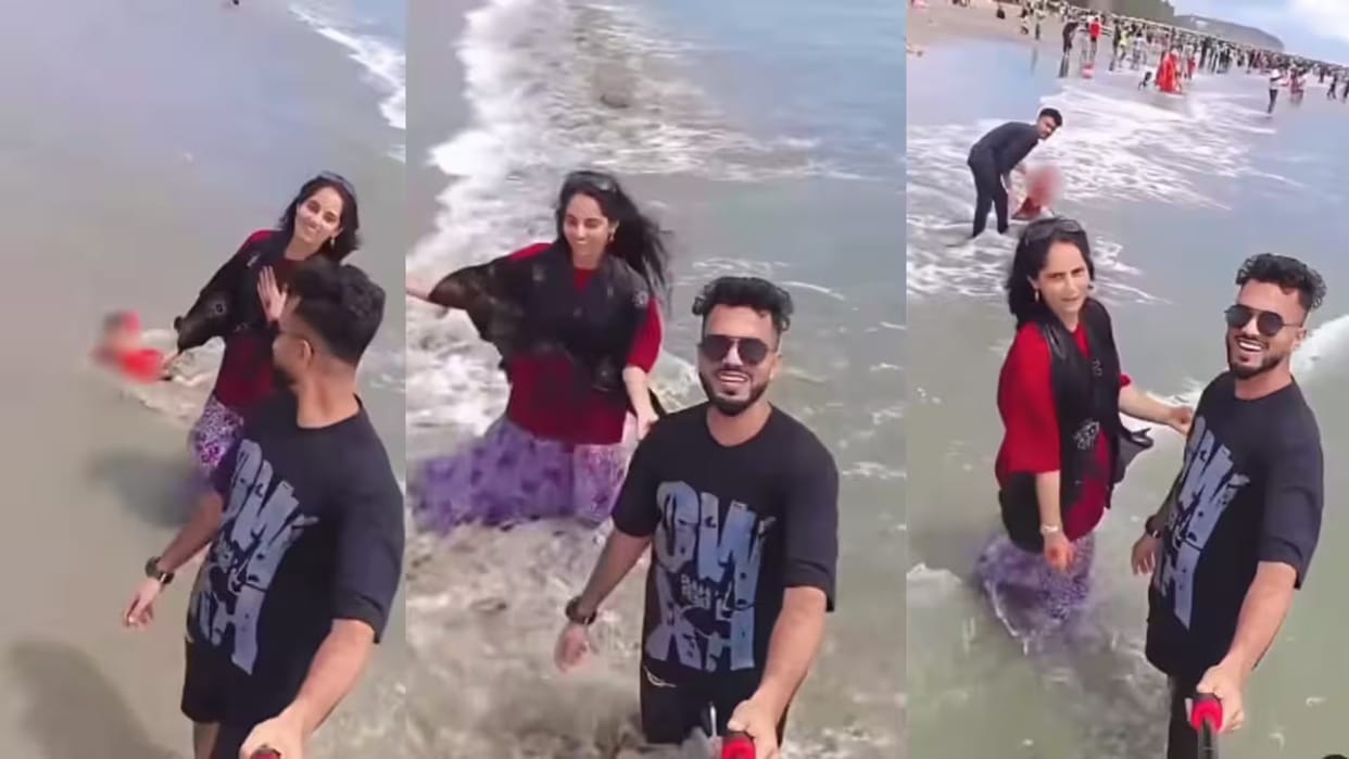 parenting couple busy making reel child caught amid sea waves viral video
