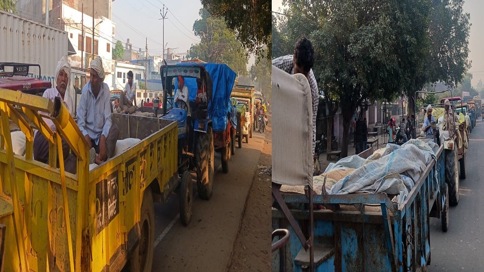 हाथरस मंडी: धान की बंपर आवक से लगा लंबा जाम, एक गेट से एंट्री-एग्जिट से बिगड़े हालात, फंसे स्कूली वाहन