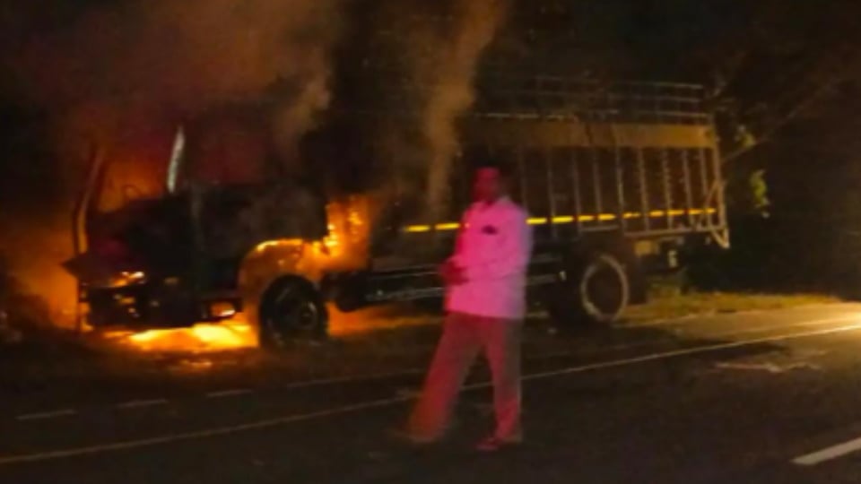 Shamli News: Container Catches Fire While Avoiding Cattle on Thana Bhawan-Oon Road, Vehicle Gutted