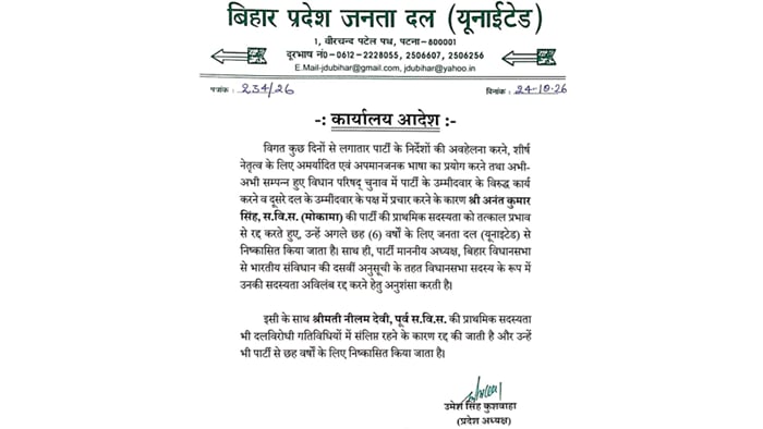 बिहार: जदयू ने विधायक अनंत सिंह को पार्टी से निकाला,इस वजह से पार्टी ने दिखाया बाहर का रास्ता