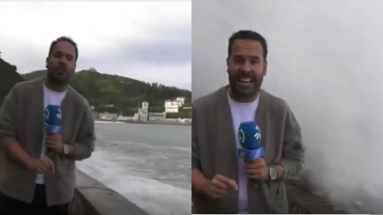 Giant Wave Hits Reporter During Live Broadcast in Spain Video Goes Viral