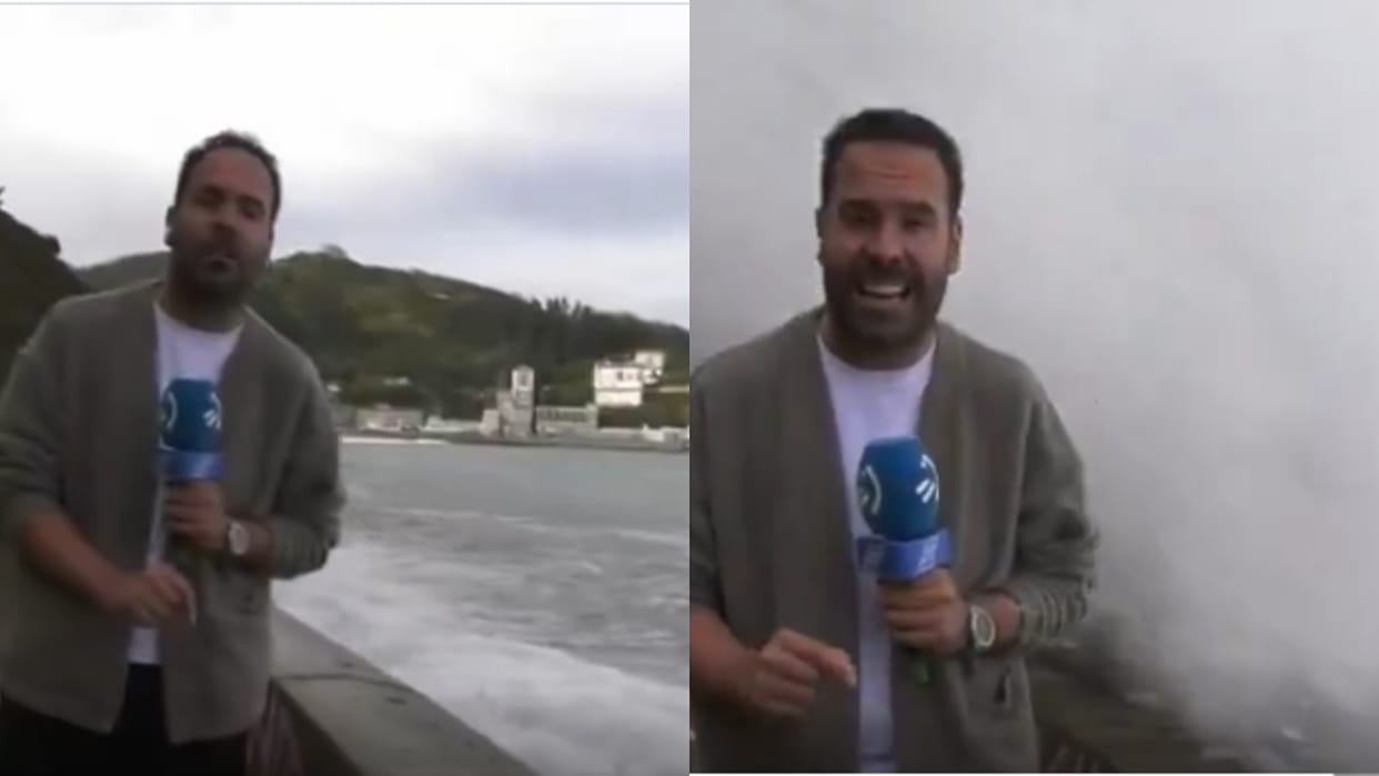 Giant Wave Hits Reporter During Live Broadcast in Spain Video Goes Viral