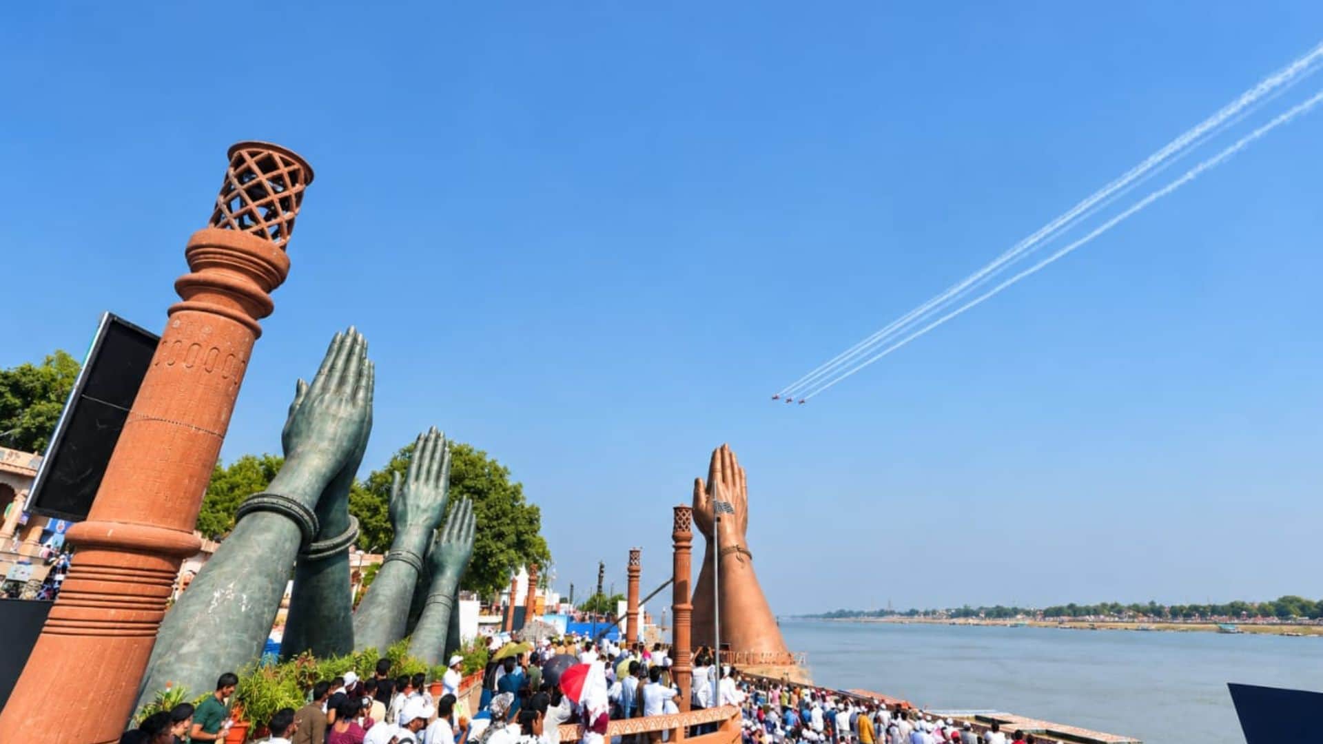 Air show Varanasi in Fighter jets perform maneuvers above Ganga ghats massive crowds to witness show