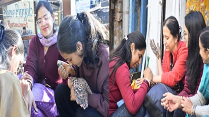 शिमला में करवाचौथ के लिए मेहंदी लगवातीं महिलाएं।