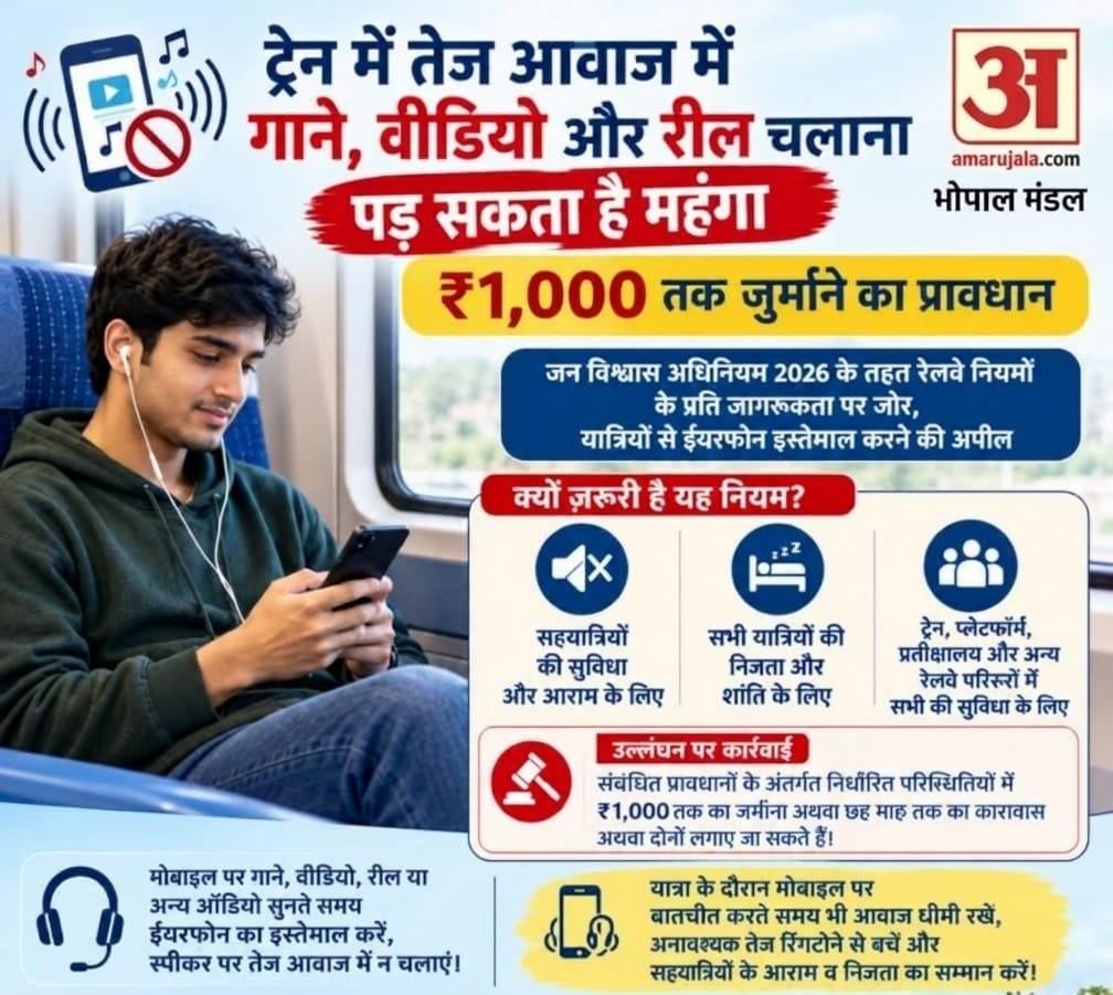 रेलवे अलर्ट: ट्रेन में रील देखना और गाने बजाना अब पड़ेगा महंगा, एक हजार जुर्माना,6 महीने की जेल तक का प्रावधान