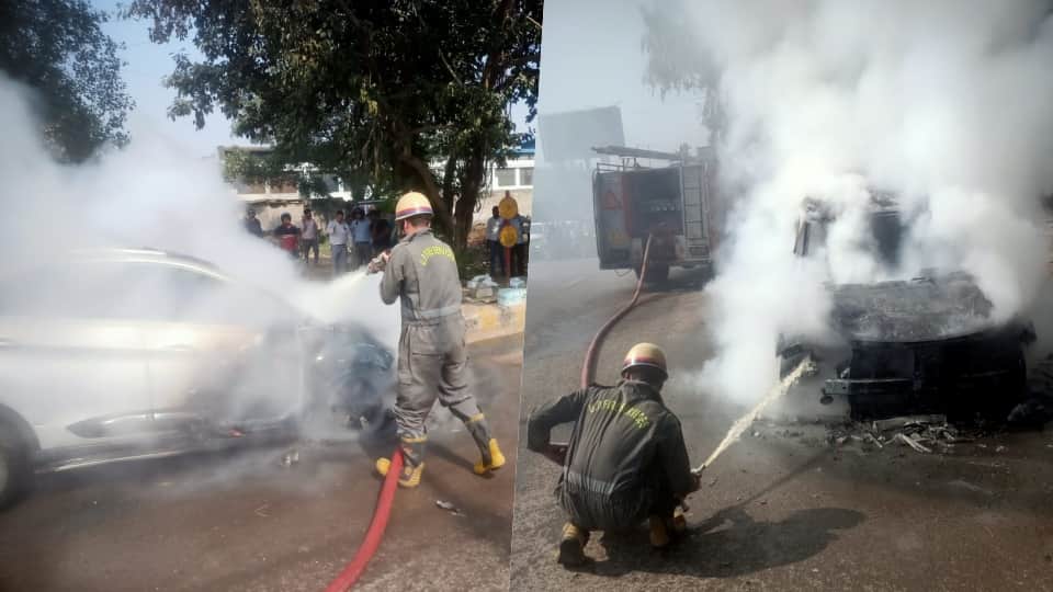 Car catches fire while in motion near Sahibabad vegetable market