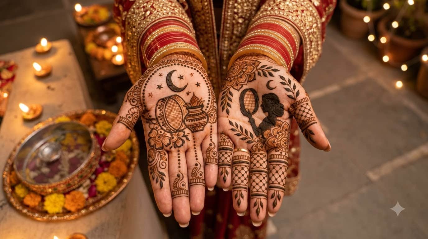 Karwa Chauth special mehendi design featuring the moon and sieve