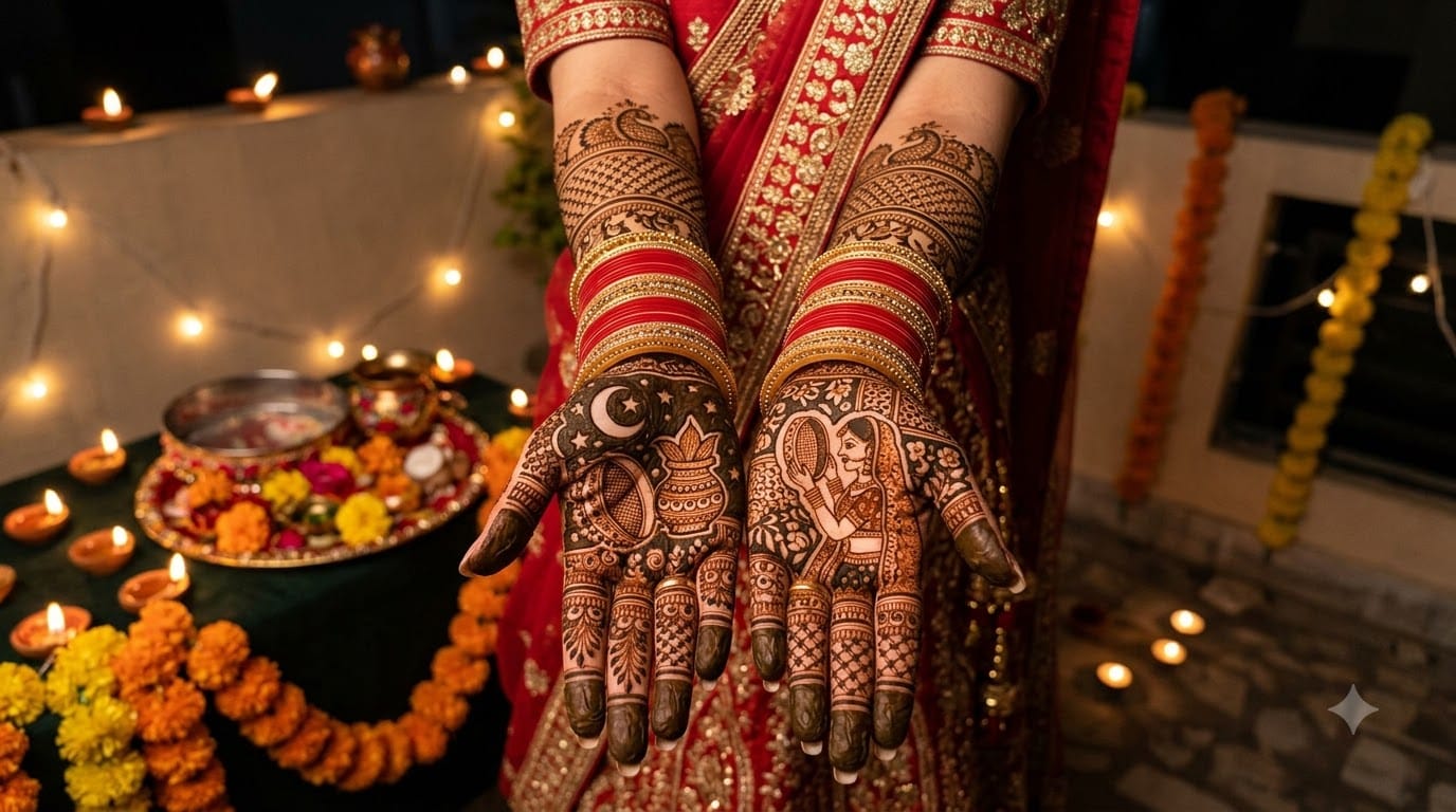 Karwa Chauth special mehendi design featuring the moon and sieve