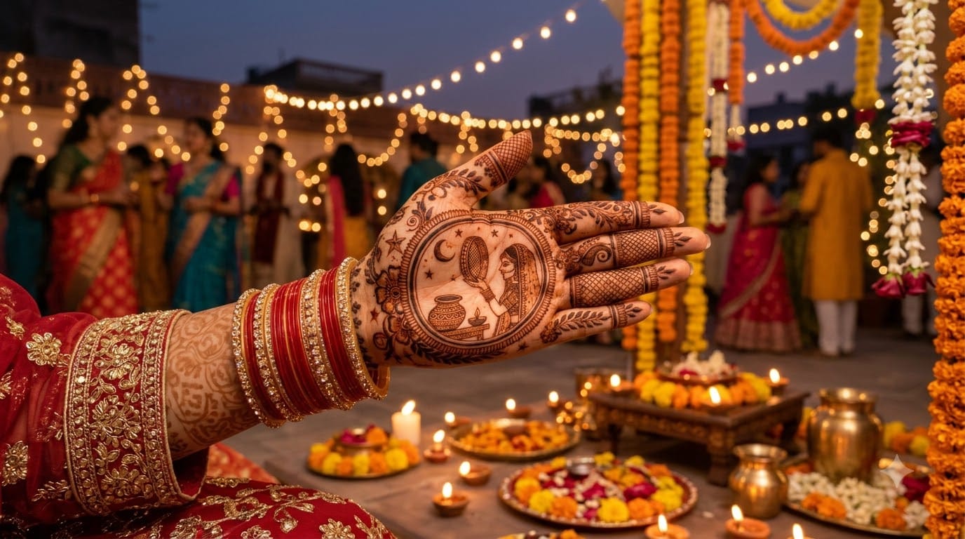 Karwa Chauth special mehendi design featuring the moon and sieve