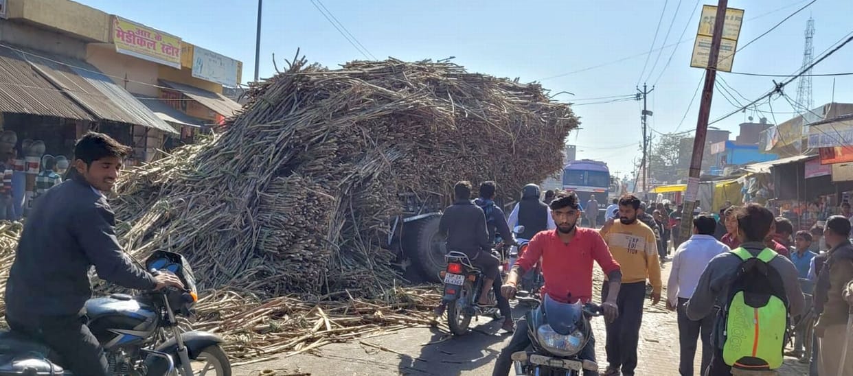A trolley full of sugarcane overturned, jammed on the highway
